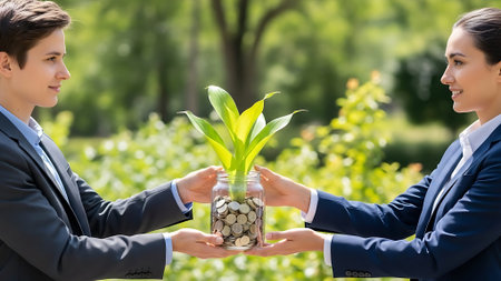 Business people in suits handing over a plant in a jar with coins.の素材