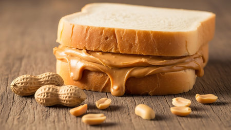 A peanut butter sandwich with peanuts on a wooden surfaceの素材