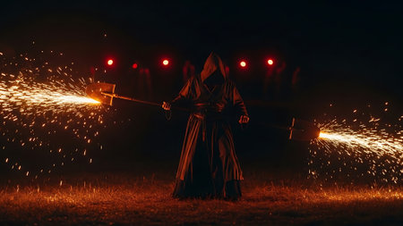 A figure in a dark robe holding a flaming torch in a dark field, with red lights and sparksの素材