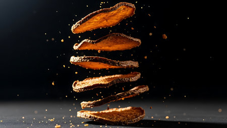 Crispy sweet potato slices in mid-air, against a dark, gradient background with studio lightingの素材
