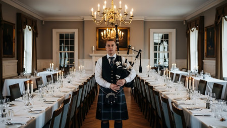 Elegant man with bagpipes at a wedding reception.の素材