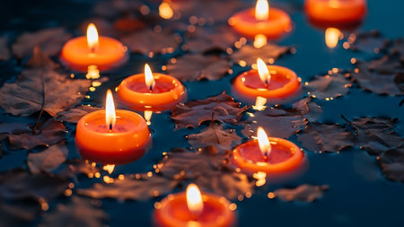 Orange candles and autumn leaves floating on calm water, reflecting warm light.の素材