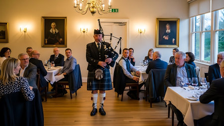 A man in a kilt plays the bagpipes in a fancy restaurant with people dining.の素材