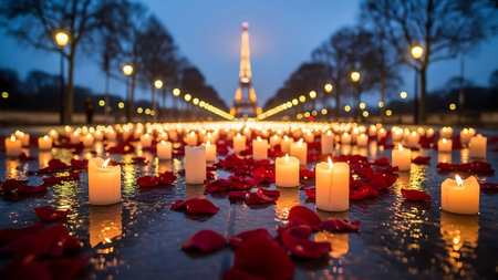 Lighted candles and Eiffel tower in Paris, France.の素材