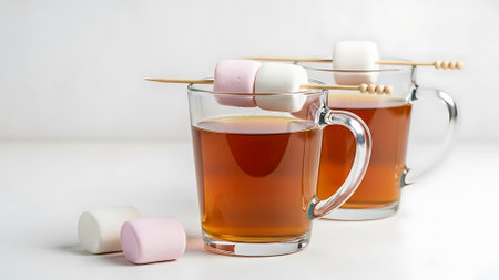 Two cups of tea with marshmallows on a white background.の素材