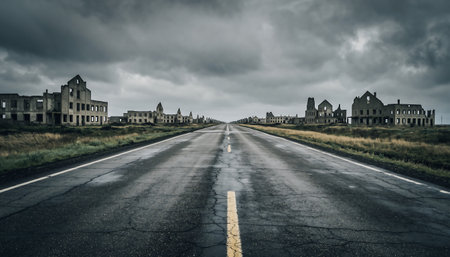 A long, deserted road stretches towards abandoned buildings under a stormy sky, evoking a sense of isolation.の素材