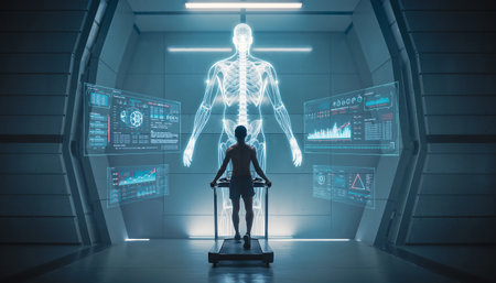 Man exercising on treadmill in advanced lab with 3D human hologram and multiple data display screens.の素材