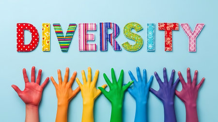 Colorful hands raised in a display of diversity and unity against a blue background.の素材