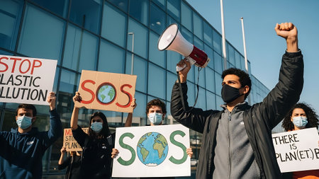 People protesting environmental issues with placards and a megaphone in front of a contemporary glass structureの素材