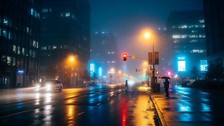 Rainy evening cityscape with traffic and pedestrians under streetlights.の素材