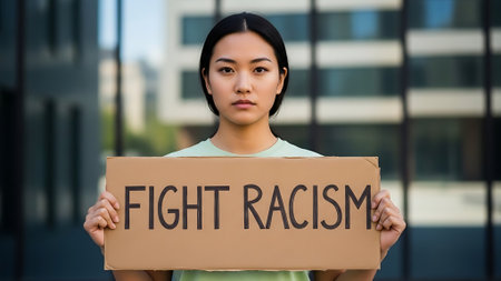 A young woman stands in front of a blurred urban background, holding a cardboard sign that reads Fight Racism, advocating for anti-racism.の素材