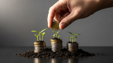 A hand adding a coin to a stack of coins with small plants growing from them.の素材