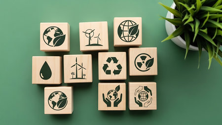 Eco-friendly icons on wooden blocks arranged on a green surface with a potted plant nearby.の素材