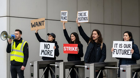 A group of people protesting with signs and a man using a megaphone near turnstilesの素材