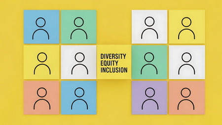 An illustration showcasing diversity, equity, and inclusion with people icons in various colored squares.の素材
