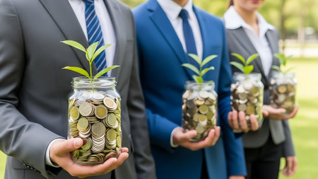 Three business professionals holding jars of coins with growing plants.の素材