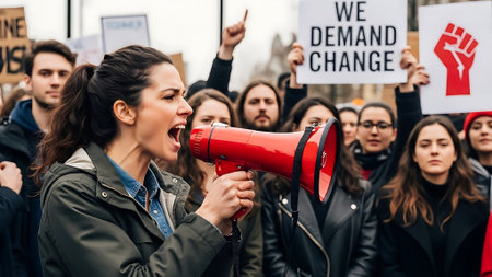 Young woman shouting through red megaphone at protest rally with crowd and activist signsの素材