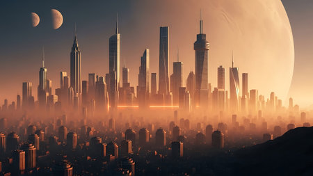 A futuristic city with advanced skyscrapers and a large moon in the sky, surrounded by a hazy orange atmosphereの素材