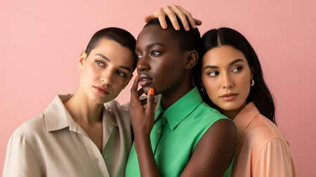 Three women in fashionable clothing posing together.の素材