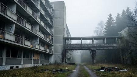 A neglected hotel with multiple floors and balconies surrounded by trees and fog.の素材