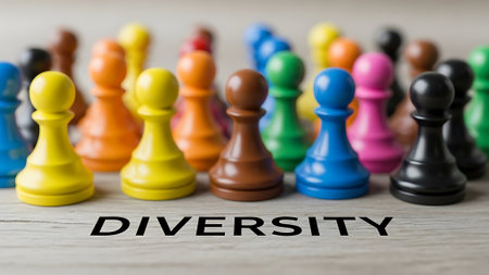 Multicolored game pieces arranged on a wooden surface with the word diversity printed below themの素材