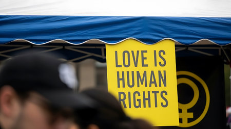 A group of people gathered under a blue canopy, holding a sign that reads 'Love is Human Rights'.の素材