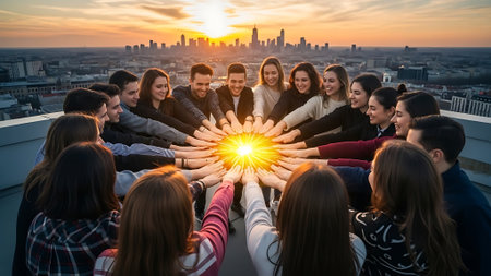 Young adults form a human circle on a rooftop with outstretched hands at sunset.の素材
