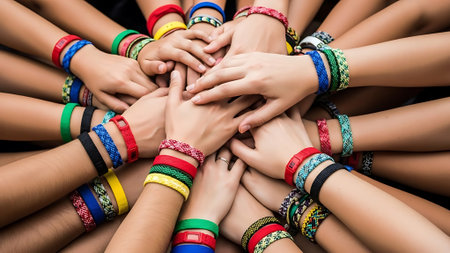 People join hands in a heart shape.の素材