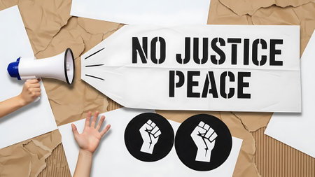 Hands holding protest signs and megaphone with raised fists against crumpled paper backgroundの素材