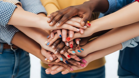 A close-up of diverse hands stacked together, symbolizing unity and togetherness.の素材