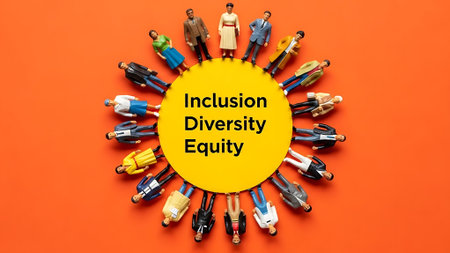 A vibrant image symbolizing diversity and inclusion with people around a central message.の素材