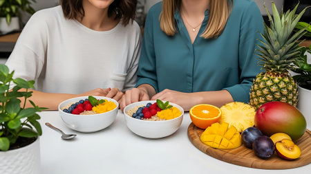 Women enjoying oatmeal with fruit at a tableの素材