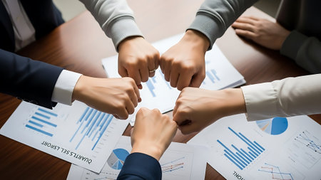 Team of professionals gathered around a table, showing unity and cooperation amidst business data and statistics.の素材