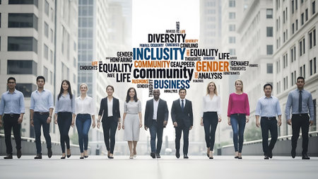 Professionals walking together in a city with a word cloud emphasizing diversity and inclusion.の素材
