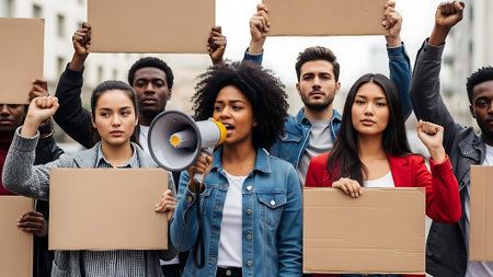 A multi-ethnic group of young adults participating in a protest, holding signs and a megaphone.の素材