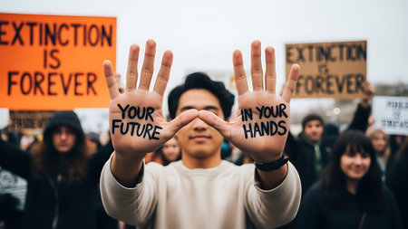 Protest sign held high, a young man advocates for environmental action.の素材