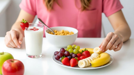 A woman enjoys a healthy breakfast with a plate of fresh fruit and cereal.の素材