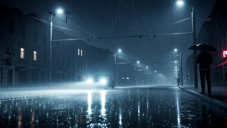 A person holding an umbrella stands on a wet city street at night, surrounded by streetlights and a car's headlights.の素材