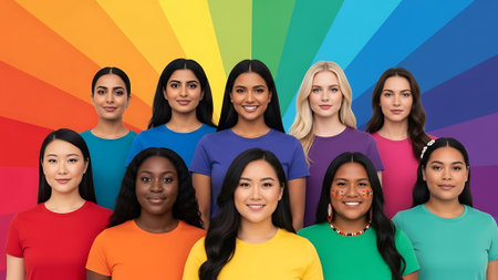 A diverse group of women wearing colorful t-shirts and smiling together.の素材