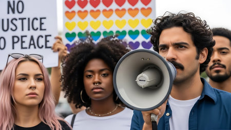 A man with a megaphone is at the forefront of a protest with diverse crowd behind himの素材