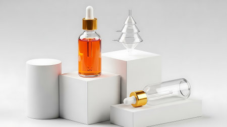 A collection of glass bottles and white blocks arranged on a plain surface.の素材