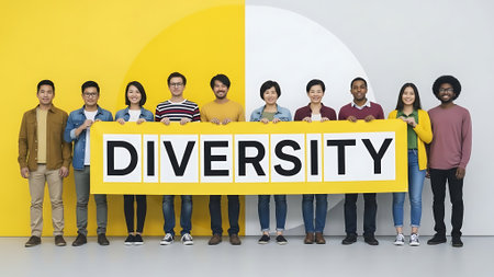 A group of diverse individuals holding a 'DIVERSITY' sign.の素材
