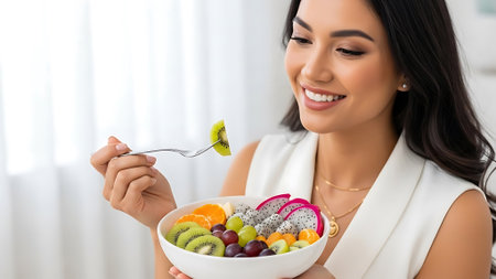 A woman smiling while eating kiwi from a colorful fruit salad.の素材
