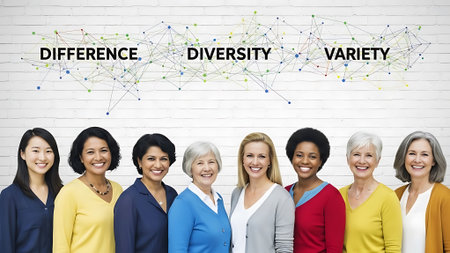 A diverse group of women standing together, smiling, in front of a white brick wall with colorful constellations and text.の素材