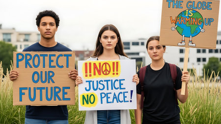 Young protesters with signs promoting environmental awareness and social justice stand united outdoors.の素材
