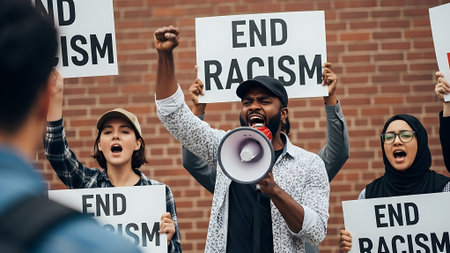 A diverse group of people hold anti-racism signs and shout slogans.の素材
