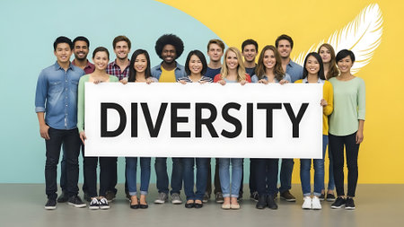 Group of diverse young adults holding a sign with the word diversity.の素材
