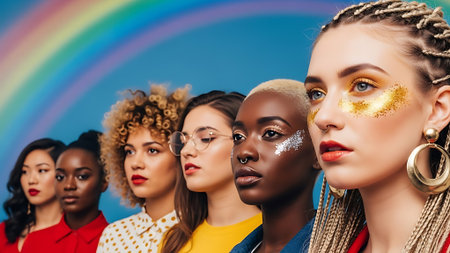 Diverse women with glittery makeup stand united under a rainbow.の素材