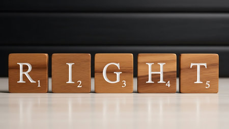 Wooden blocks with white letters spelling a word on a reflective surface.の素材