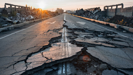 A cracked and broken road leads through a devastated area.の素材